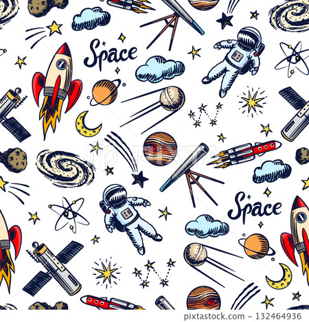 Hand drawn space doodles seamless patterns in sketchy style with rocket astronaut or spaceman Hand drawn space doodles seamless patterns in sketchy style with rocket astronaut or spaceman 132464936