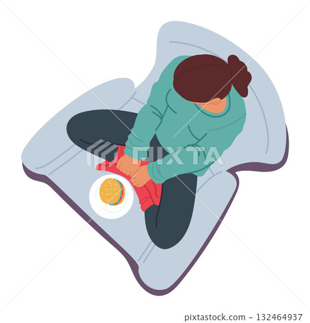 Relaxed young woman isolated cartoon character eating hamburger sitting on armchair overhead view Relaxed young woman isolated cartoon character eating hamburger sitting on armchair overhead view 132464937