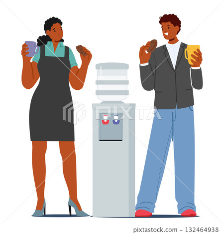 Business colleagues eating lunch enjoying nice conversation standing nearby water cooler scene 132464938