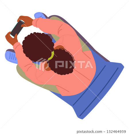 Young woman cartoon character using mobile phone for video games sitting on chair overhead view Young woman cartoon character using mobile phone for video games sitting on chair overhead view 132464939