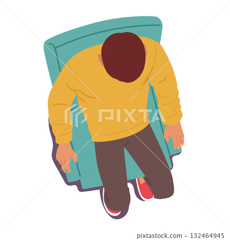 Young man cartoon character finally relaxing on armchair unwinding after hard work day overhead view Young man cartoon character finally relaxing on armchair unwinding after hard work day overhead view 132464945