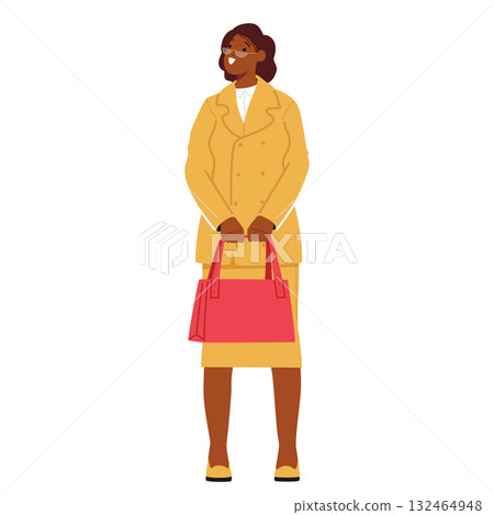 Mature businesswoman cartoon character wearing formal suit, eyeglasses holding bag isolated on white 132464948