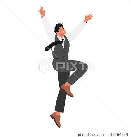 Trendy fashion businessman cartoon character jumping up high raising hand with joyful emotion 132464959
