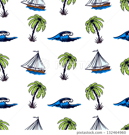 Nautical marine elements with wave, dolphin sea creatures, palm, lighthouse.Coral, seashell, lobster 132464960