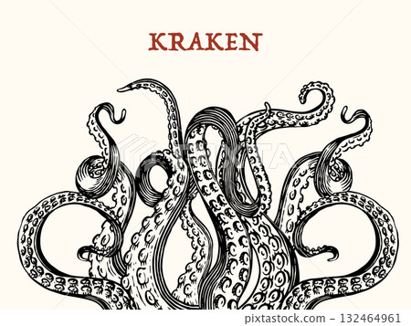 Octopus or Kraken tentacles background. Engraved hand drawn in old sketch, vintage sea monster Octopus or Kraken tentacles background. Engraved hand drawn in old sketch, vintage sea monster 132464961