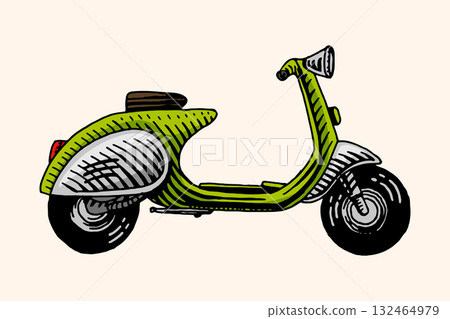 Retro Cartoon hand drawn scooter bike, motorcycle for delivery 132464979