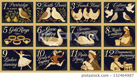 The twelve days of Christmas. English Christmas carol. Vector vintage illustration. Christmas countdown The twelve days of Christmas. English Christmas carol. Vector vintage illustration. Christmas countdown 132464987