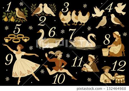 The twelve days of Christmas. English Christmas carol. Vector vintage illustration. Christmas countdown The twelve days of Christmas. English Christmas carol. Vector vintage illustration. Christmas countdown 132464988