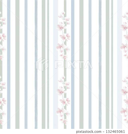 Seamless Pattern Pastel Green Watercolor Stripes with Pink Floral Accents for Elegant Design 132465061