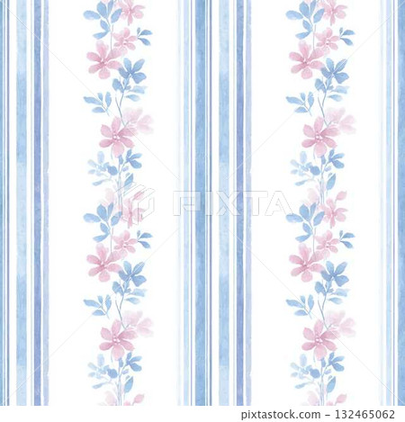 Seamless Pattern Vertical Pastel Green Watercolor Stripes with Pink Floral Accents for Elegant Design and Wallpaper 132465062