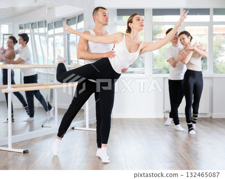 Young man and young woman rehearsing pair ballet Young man and young woman rehearsing pair ballet 132465087