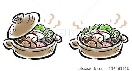 Yosenabe（火鍋）有蓋或無蓋 - 手繪筆觸插圖 132465118
