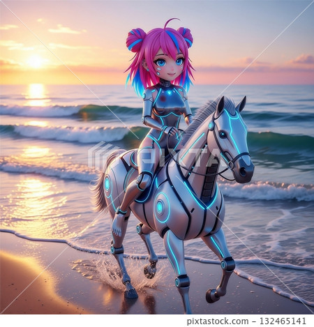 沙灘上騎馬的機器人女孩 132465141
