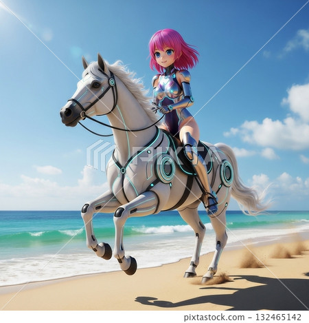 沙灘上騎馬的機器人女孩 132465142