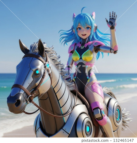 沙灘上騎馬的機器人女孩 132465147