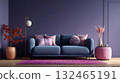 Modern living room interior with blue sofa, pink pillows 132465191