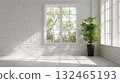 minimalist loft interior with large arched window 132465193