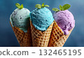 three pastel ice cream cones in waffle cones 132465195