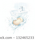 An illustrated image features a bathroom setting with a white ceramic sink and a modern chrome faucet. In the foreground, a bar of soap is depicted surrounded by splashes of soapy water 132465233
