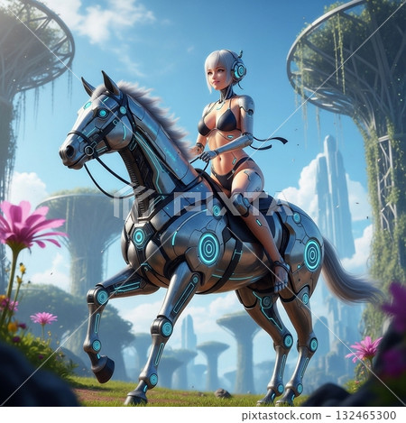 身穿泳衣的機甲女孩騎著機器馬 身穿泳衣的機甲女孩騎著機器馬 132465300
