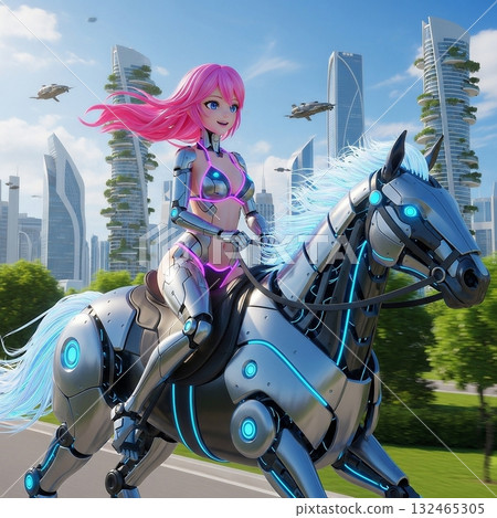 身穿泳衣的機甲女孩騎著機器馬 132465305