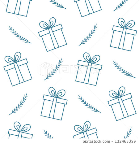 New year and Christmas seamless pattern. Gift boxes and sprigs christmas trees in doodle style on white background. Vector illustration in hand drawn sketch style. 132465359