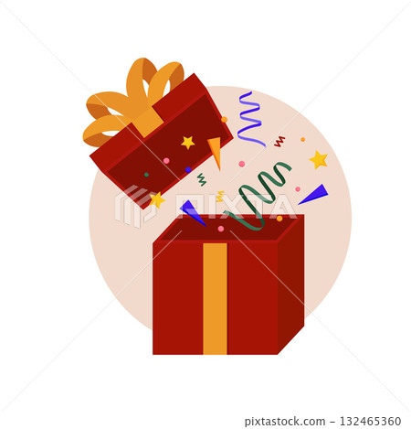 Surprise. Opened red gift box with colorful confetti explosion and serpentine. Isolated vector illustration in cartoon flat style. Surprise. Opened red gift box with colorful confetti explosion and serpentine. Isolated vector illustration in cartoon flat style. 132465360