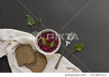 Minimal beetroot bowl with bread quiet snack 132465512