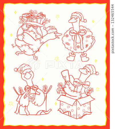 Festive Coquette Christmas Silly Goose Outline Cartoon Hand Drawn Collection 132465544