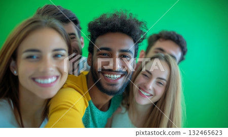 Several people engaged in a group activity sharing smiles and laughter against the striking green backdrop Several people engaged in a group activity sharing smiles and laughter against the striking green backdrop 132465623