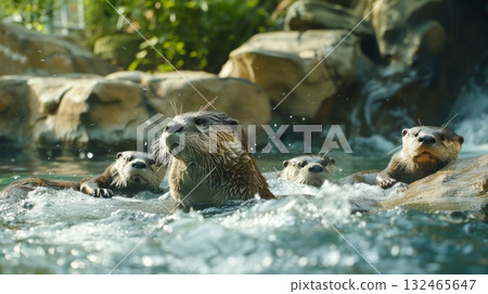 North american river otters swimming and playing in water 132465647