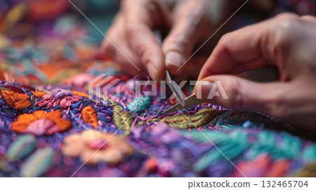 Textile artist using tweezers while creating colorful embroidery design Textile artist using tweezers while creating colorful embroidery design 132465704