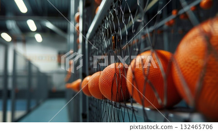 Row of balls is waiting on a metal shelf in a cage in a dodgeball court Row of balls is waiting on a metal shelf in a cage in a dodgeball court 132465706
