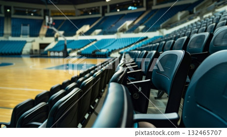 Empty blue seats in a basketball arena waiting for fans Empty blue seats in a basketball arena waiting for fans 132465707