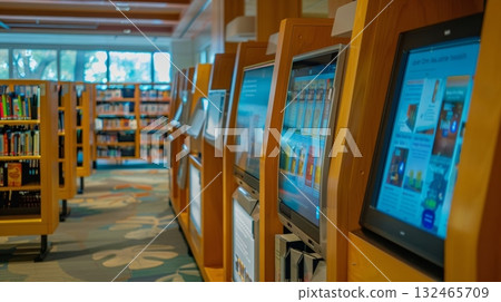 Row of public access computers showing colorful displays in library Row of public access computers showing colorful displays in library 132465709