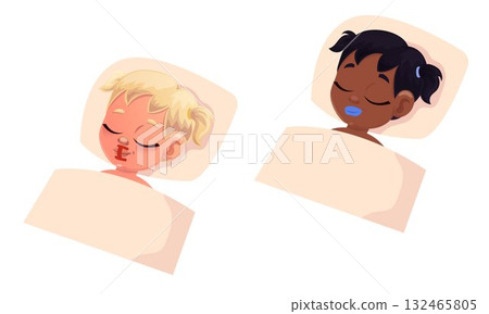 Flat design of kids with tape on mouth in bed 132465805