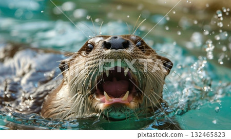 A playful otter swimming bellyup and making funny faces much to the delight of onlookers 132465823
