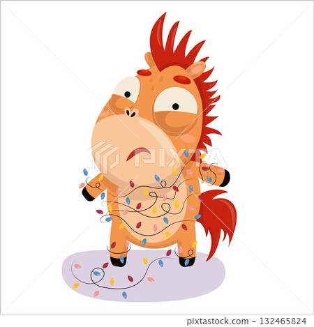 Vector illustration of a horse tangled in garland. New Year, Christmas, holiday, 2026, Horse, Chinese New Year, Horoscope, games, entertainment, relaxation, weekend, snow, fun, vacation Vector illustration of a horse tangled in garland. New Year, Christmas, holiday, 2026, Horse, Chinese New Year, Horoscope, games, entertainment, relaxation, weekend, snow, fun, vacation 132465824