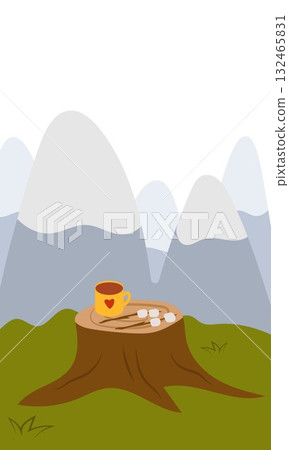 Flat vector illustration of camping outdoors. Mountains, campfire, tent, nature, camper, trees, coffee, backpack, guitar, kettle, boiler, tea, silence, calm, peace, marshmallows on fire Flat vector illustration of camping outdoors. Mountains, campfire, tent, nature, camper, trees, coffee, backpack, guitar, kettle, boiler, tea, silence, calm, peace, marshmallows on fire 132465831
