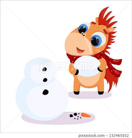 Vector illustration of a horse building a snowman. New Year, Christmas, holiday, 2026, Horse, Chinese New Year, Horoscope, games, entertainment, relaxation, weekend, snow, fun, vacation 132465832
