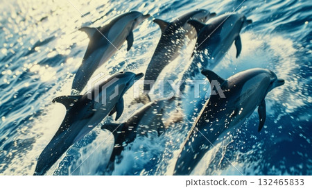 A group of playful dolphins swimming and jumping in perfect synchronization their intelligence and strength evident even up close 132465833