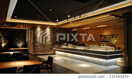 Soft ambient lighting coming from the recessed ceiling fixtures creating a warm and intimate atmosphere 132465834