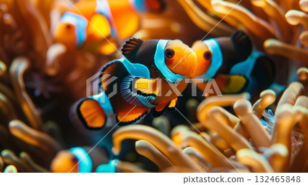 A group of vibrant anemonefish swimming a the anemones their bold colors and unique markings standing out up close 132465848