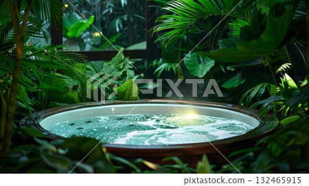 An outdoor hot tub surrounded by lush vegetation and a view of the night sky 132465915