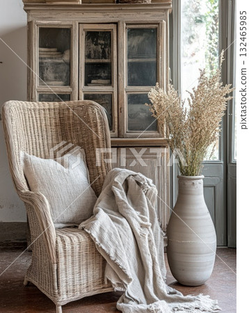 Beige Woven Chair with Throw and Pillow in Rustic Interior Setting Beige Woven Chair with Throw and Pillow in Rustic Interior Setting 132465985