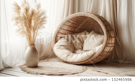 Beige Woven Egg Chair with Cushions and Pampas Grass in Bright Room Beige Woven Egg Chair with Cushions and Pampas Grass in Bright Room 132465986