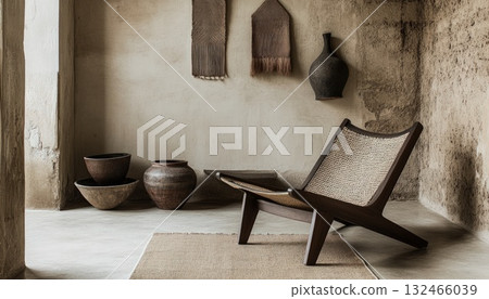 Minimalist Room with Woven Chair and Earthy Decor 132466039