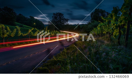 Driving through the lush green vineyards the vibrant car lights add a touch of excitement and energy to the peaceful and serene surroundings 132466069