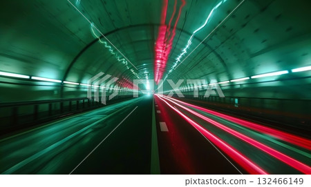 The citys heartbeat captured in the rhythmic pulsating light trails within the tunnel 132466149
