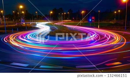 Light trails from different colored cars weave together resembling a vibrant rainbow at a suburban roundabout 132466151